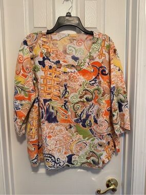 Choices Woman’s Plus 1X Linen Blend Abstract Boho Paisley Tunic Top